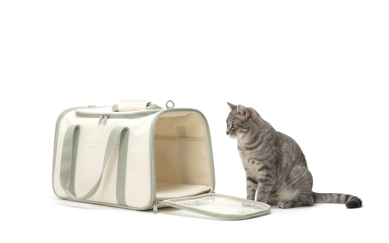 Gato atigrado que entra a un guacal de viaje y se acomoda mirando hacia afuera