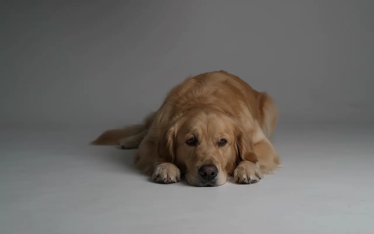 Golden retriever acostado mientras una luz suave se enciende sobre él