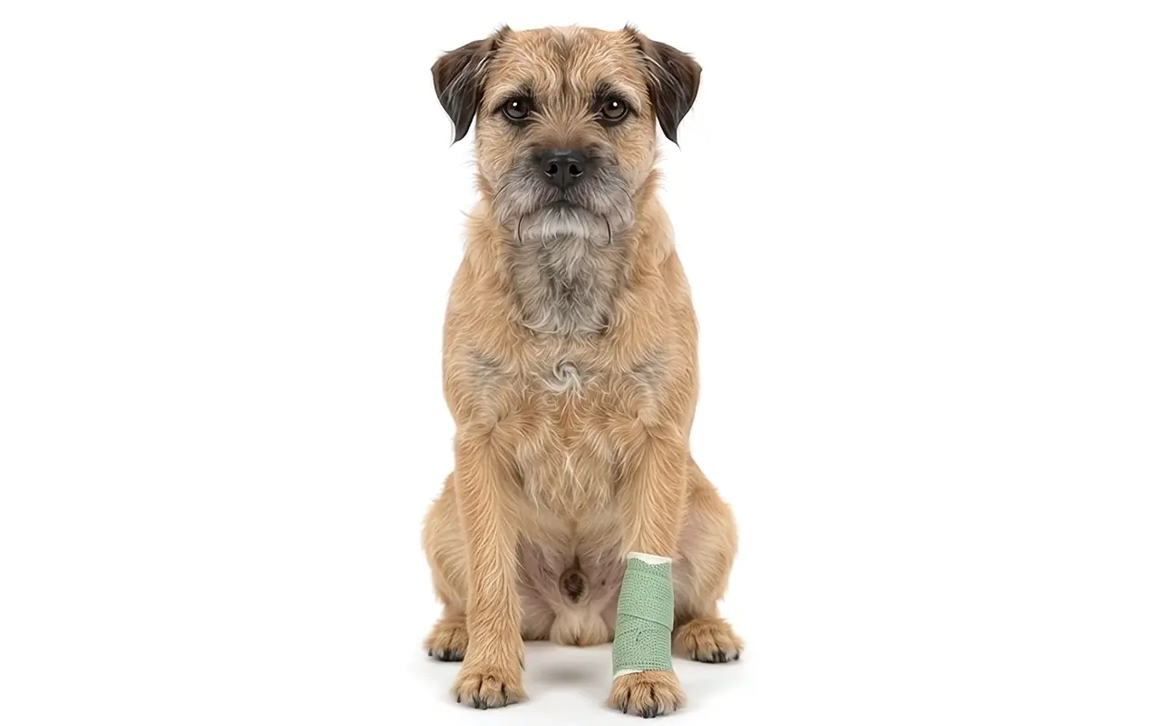 Border terrier con una pata vendada que mira su vendaje y vuelve a mirar a cámara
