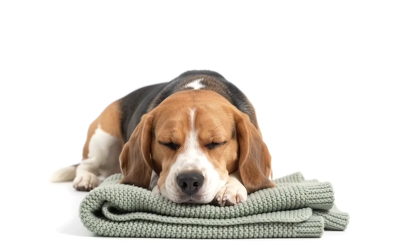 Beagle dormido sobre una manta salvia que despierta y levanta la cabeza