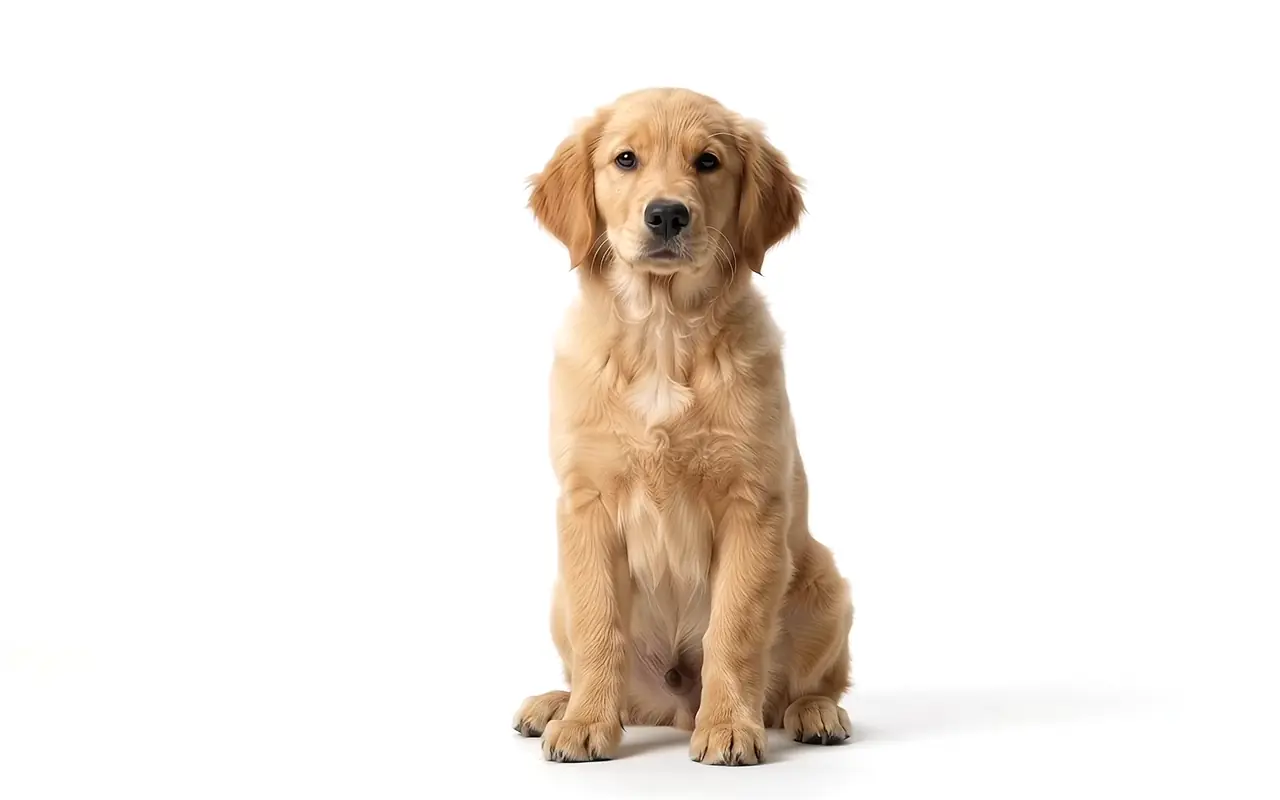 Cachorro golden retriever sentado que levanta la pata y mira hacia arriba
