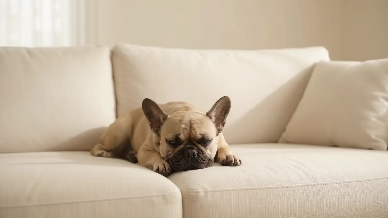 Bulldog francés en un sofá que levanta la cabeza y mira hacia la puerta