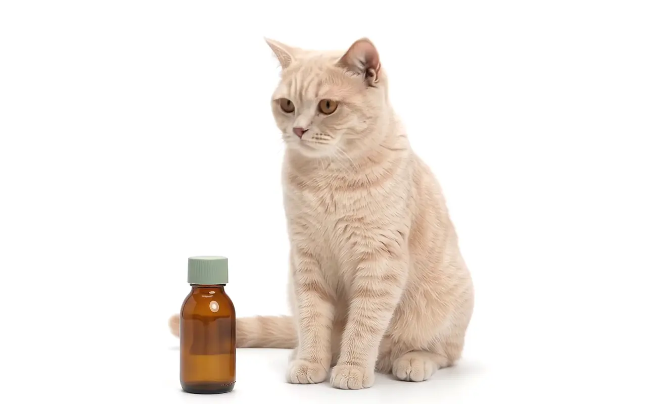 Gato crema que huele un frasco ámbar de medicina y se sienta a su lado
