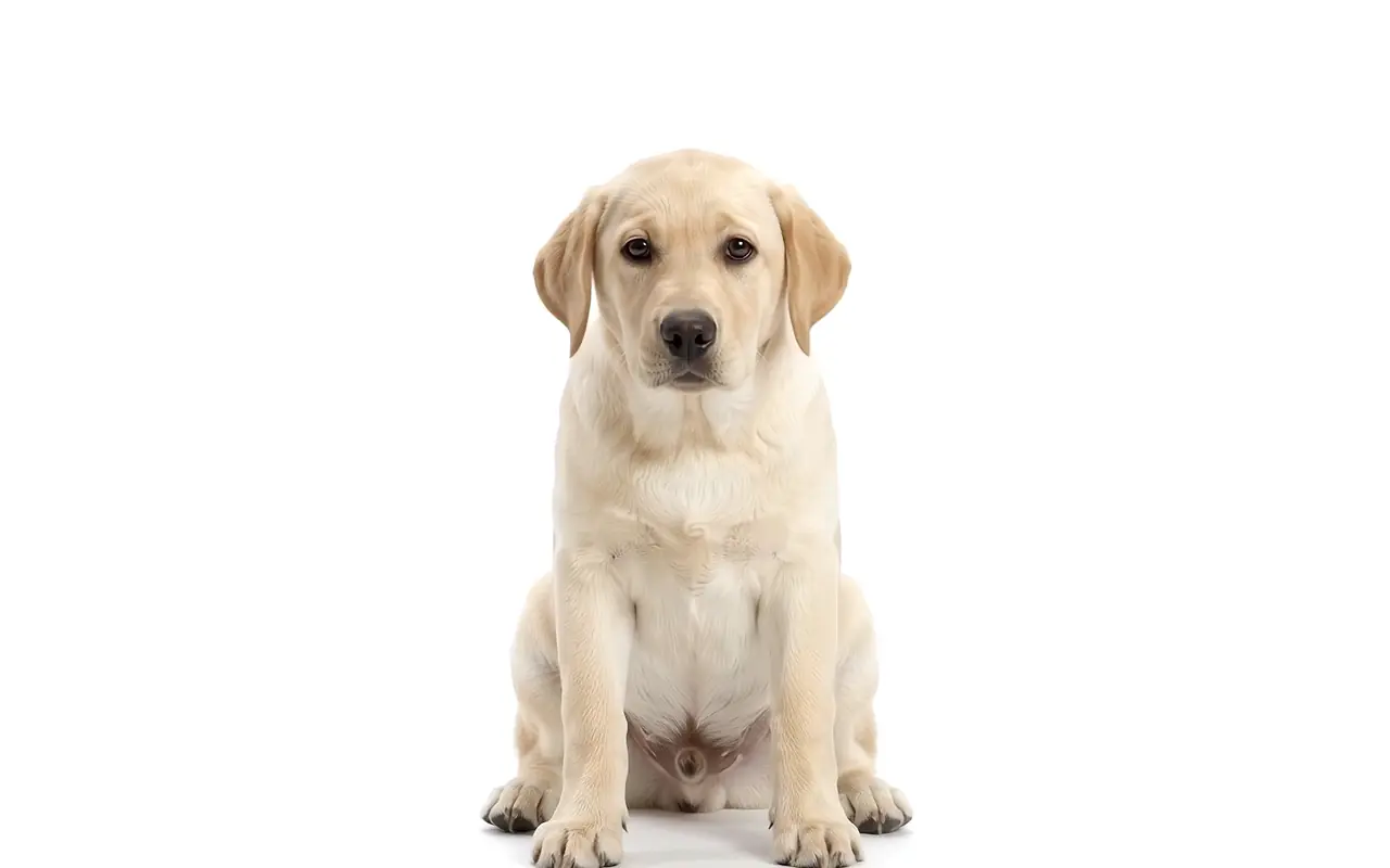 Cachorro labrador sentado que crece hasta ser un perro joven sin cambiar de pose