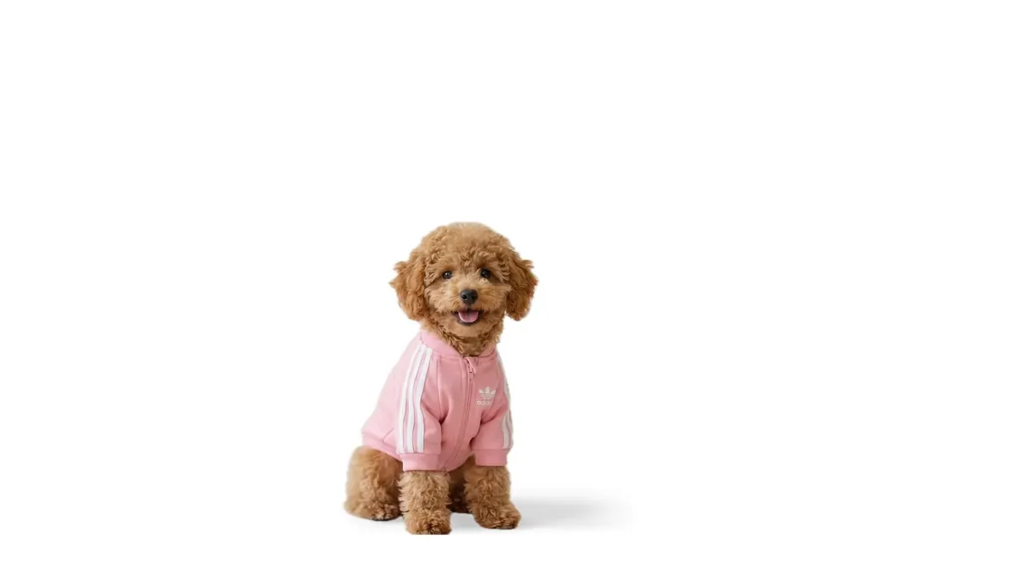 Perrito con saco rosado que se levanta y modela junto al logo de MÜVA