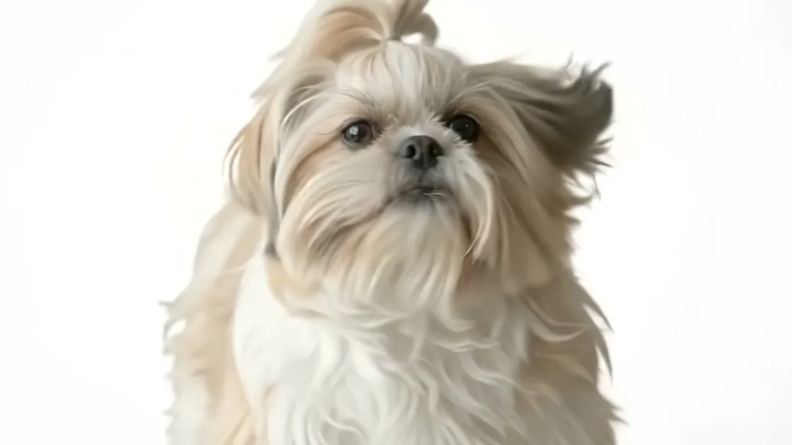 Perrita de pelo largo sobre fondo blanco